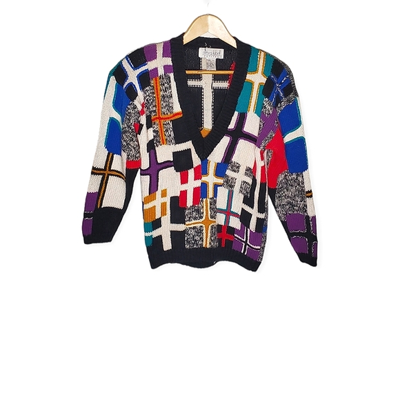 Basquiat-Inspired 80s Eclectic Geometric Multicolor Sweater with Deep V-Neck - Picture 1 of 12